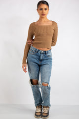 Laylah Basic Camel Square Neck Knitted Jumper