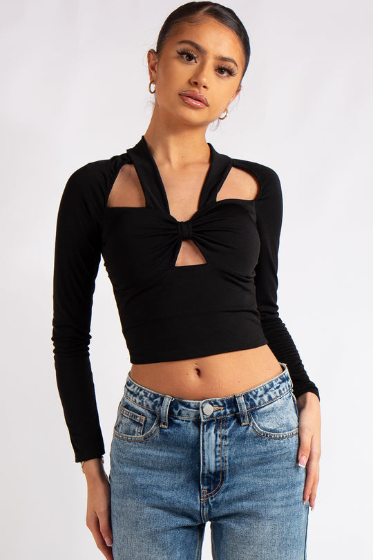 Selah Black Slinky Knot Crop Top