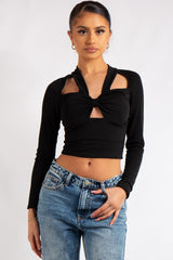 Selah Black Slinky Knot Crop Top