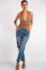 Aniya Camel Slinky Ruched Halter Neck Cross Over Bodysuit