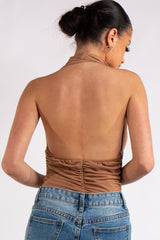 Aniya Camel Slinky Ruched Halter Neck Cross Over Bodysuit