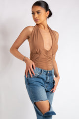 Aniya Camel Slinky Ruched Halter Neck Cross Over Bodysuit