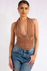 Aniya Camel Slinky Ruched Halter Neck Cross Over Bodysuit