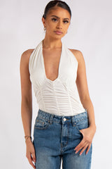 Aniya White Slinky Ruched Halter Neck Cross Over Bodysuit