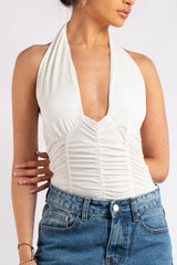 Aniya White Slinky Ruched Halter Neck Cross Over Bodysuit