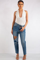 Aniya White Slinky Ruched Halter Neck Cross Over Bodysuit