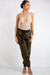 Aniya Stone Slinky Ruched Halter Neck Cross Over Bodysuit