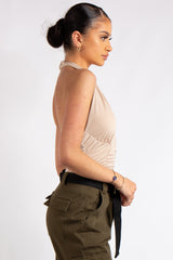 Aniya Stone Slinky Ruched Halter Neck Cross Over Bodysuit