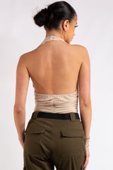 Aniya Stone Slinky Ruched Halter Neck Cross Over Bodysuit