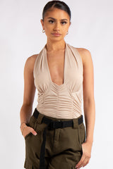 Aniya Stone Slinky Ruched Halter Neck Cross Over Bodysuit
