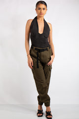 Aniya Black Slinky Ruched Halter Neck Cross Over Bodysuit