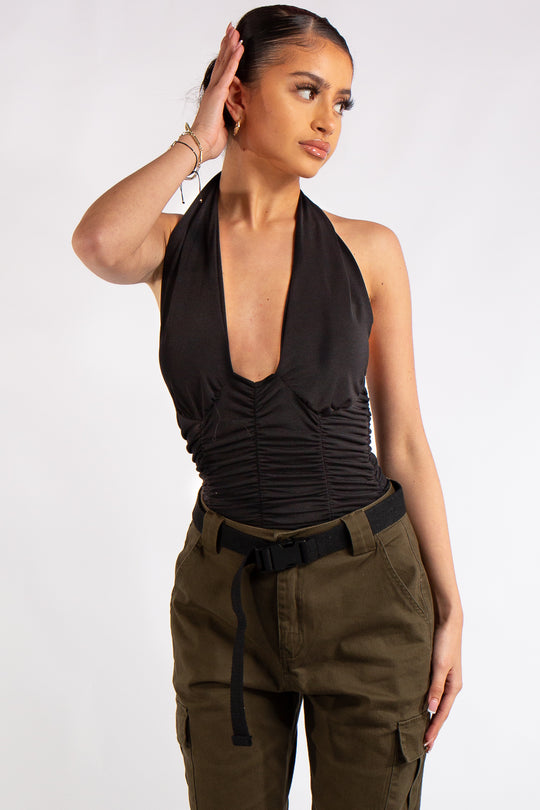 Aniya Black Slinky Ruched Halter Neck Cross Over Bodysuit