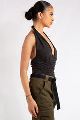 Aniya Black Slinky Ruched Halter Neck Cross Over Bodysuit