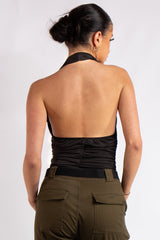 Aniya Black Slinky Ruched Halter Neck Cross Over Bodysuit