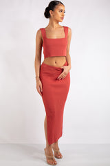 Marie Rose Red Square Neck Knitted Skirt Co-Ord Set
