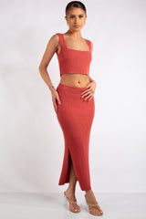 Marie Rose Red Square Neck Knitted Skirt Co-Ord Set