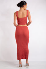 Marie Rose Red Square Neck Knitted Skirt Co-Ord Set