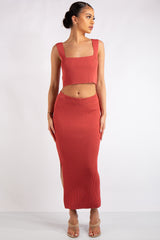 Marie Rose Red Square Neck Knitted Skirt Co-Ord Set