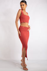 Marie Rose Red Square Neck Knitted Skirt Co-Ord Set