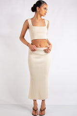 Marie Beige Square Neck Knitted Skirt Co-Ord Set