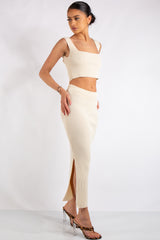 Marie Beige Square Neck Knitted Skirt Co-Ord Set