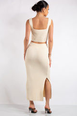 Marie Beige Square Neck Knitted Skirt Co-Ord Set