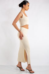 Marie Beige Square Neck Knitted Skirt Co-Ord Set