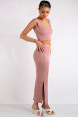 Marie Blush Pink Square Neck Knitted Skirt Co-Ord Set
