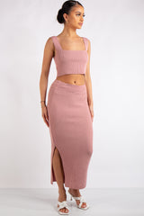 Marie Blush Pink Square Neck Knitted Skirt Co-Ord Set