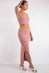 Marie Blush Pink Square Neck Knitted Skirt Co-Ord Set