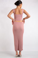 Marie Blush Pink Square Neck Knitted Skirt Co-Ord Set