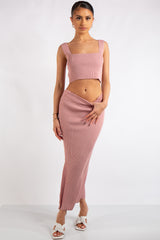 Marie Blush Pink Square Neck Knitted Skirt Co-Ord Set