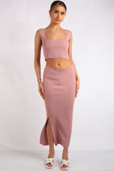 Marie Blush Pink Square Neck Knitted Skirt Co-Ord Set