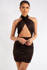 Georgie Chocolate Cross Over Tie Halter Neck Mini Dress
