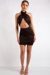 Georgie Chocolate Cross Over Tie Halter Neck Mini Dress