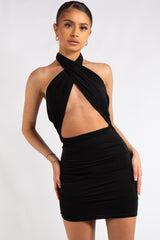 Georgie Black Cross Over Tie Halter Neck Mini Dress