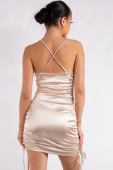 Leanna Champagne Satin Ruched Strappy Dress – Miss Hussy