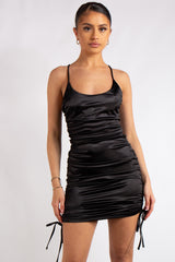 Leanna Black Satin Ruched Strappy Dress