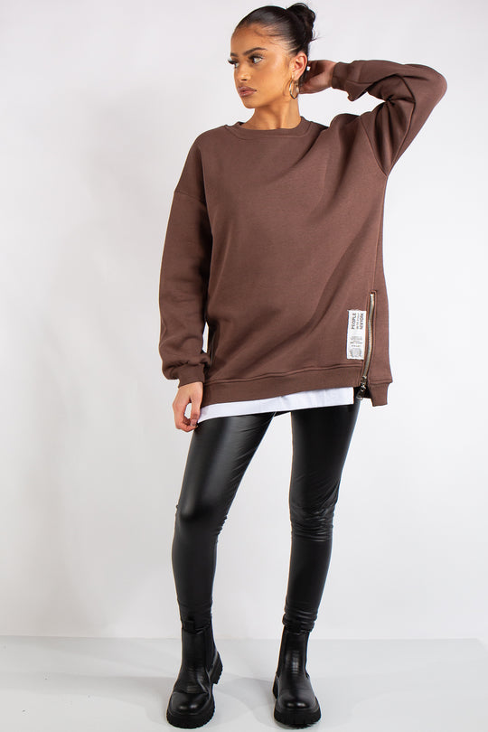 Sonia Chocolate Brown Long Oversized Side Zip Sweatshirt
