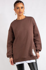 Sonia Chocolate Brown Long Oversized Side Zip Sweatshirt