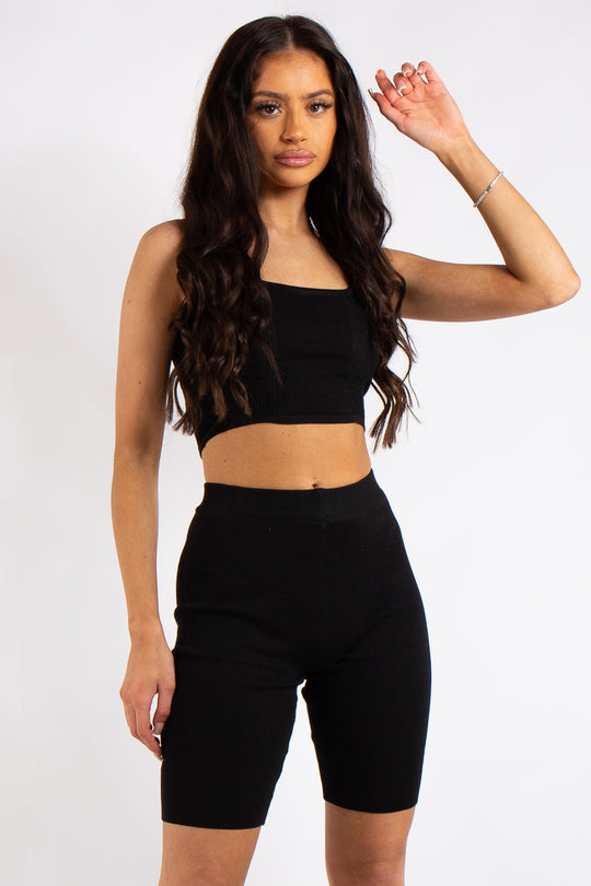 Crystal Black Glam Knit Cycling Short Co Ord Set