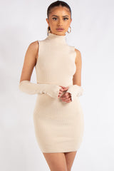 Kailee Beige Rib Knit Arm Warmer Dress