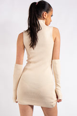 Kailee Beige Rib Knit Arm Warmer Dress