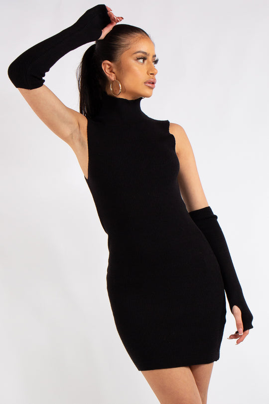Kailee Black Rib Knit Arm Warmer Dress