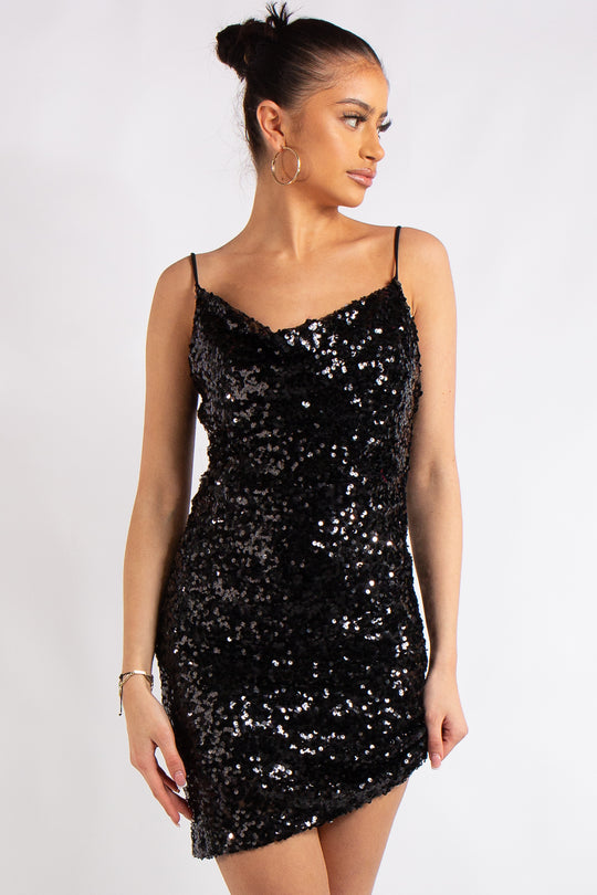 Jody Black Sequin Cowl Neck Mini Dress