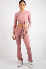 Danielle Pink Crop Ribbed Tie Up Two Piece Set