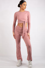 Danielle Pink Crop Ribbed Tie Up Two Piece Set