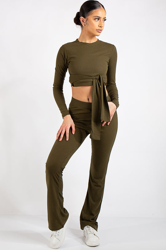 Danielle Khaki Crop Ribbed Tie Up Two Piece Set