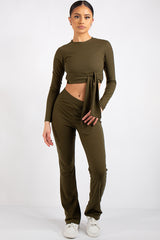 Danielle Khaki Crop Ribbed Tie Up Two Piece Set