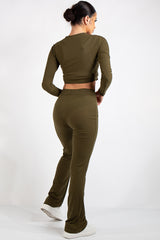 Danielle Khaki Crop Ribbed Tie Up Two Piece Set